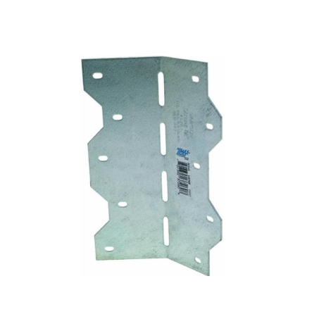 The Simpson LS 6-3/8 in. ZMAX 18 Ga. Galvanized Adjustable Reinforcing L Angle by Simpson Strong-Tie features a zigzag design with pre-drilled holes and a central slot, offering structural support and durability with a visible barcode and product label for versatile applications.